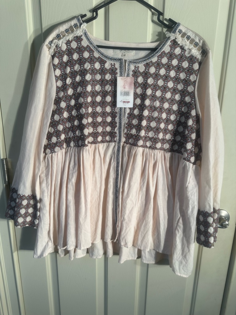 Peasant Blouse with Embroidered Yoke in Blush
